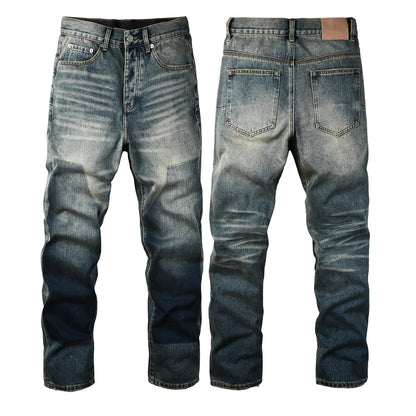 Men Vintage Streetwear Straight Jeans Blue Washed with Whisker Fade and Contrast Panels 9120