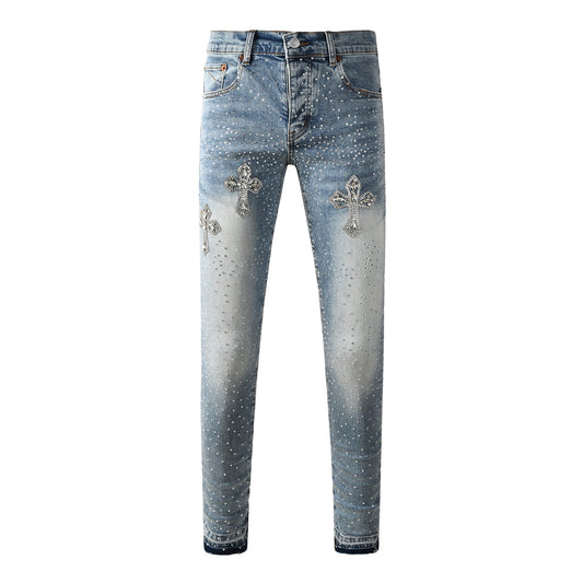 Mens Light Blue Skinny Jeans with Crystal Cross Design and Allover Rhinestone Embellishment 9132
