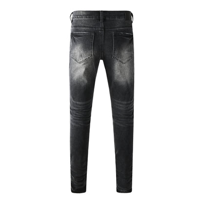 Vintage Distressed Black Denim Jeans Men Slim Fit Patchwork Stylish Pants 9135