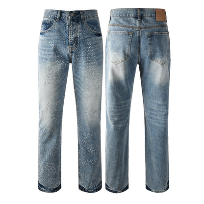Rhinestone Decor Light Blue Denim Jeans Men Straight Leg Stylish Pants 9137