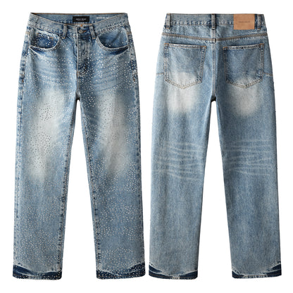 Rhinestone Decor Light Blue Denim Jeans Men Straight Leg Stylish Pants 9137
