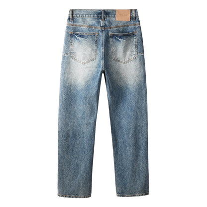 Stylish Blue Denim Jeans Men Straight Leg Pants with Sunburst Embroidery 9138