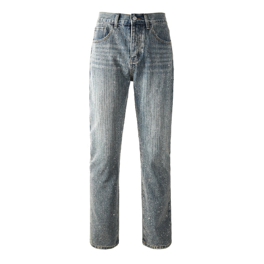 Chic Rhinestone Straight Leg Jeans – Classic High Waist Blue Denim 9140