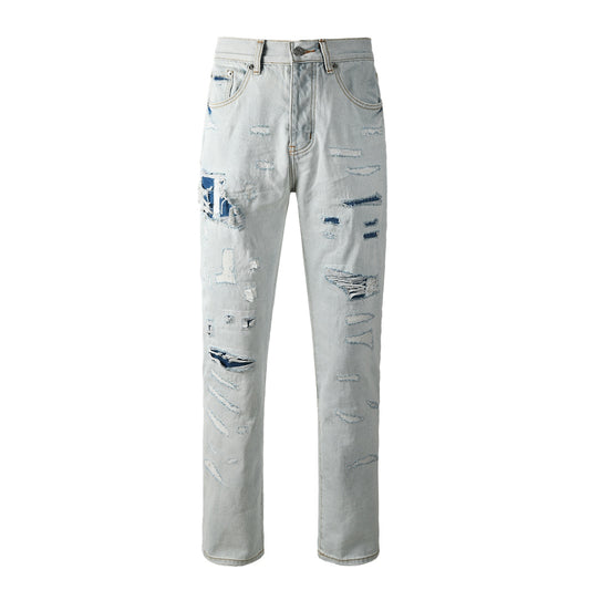 Trendy Distressed Denim Pants – Casual High Rise Light Blue Straight Jeans 9142