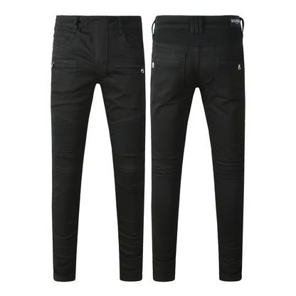 Tapered Fit Black Moto Jeans Featuring Articulated Knee Stitching and Sleek Contemporary Look 964