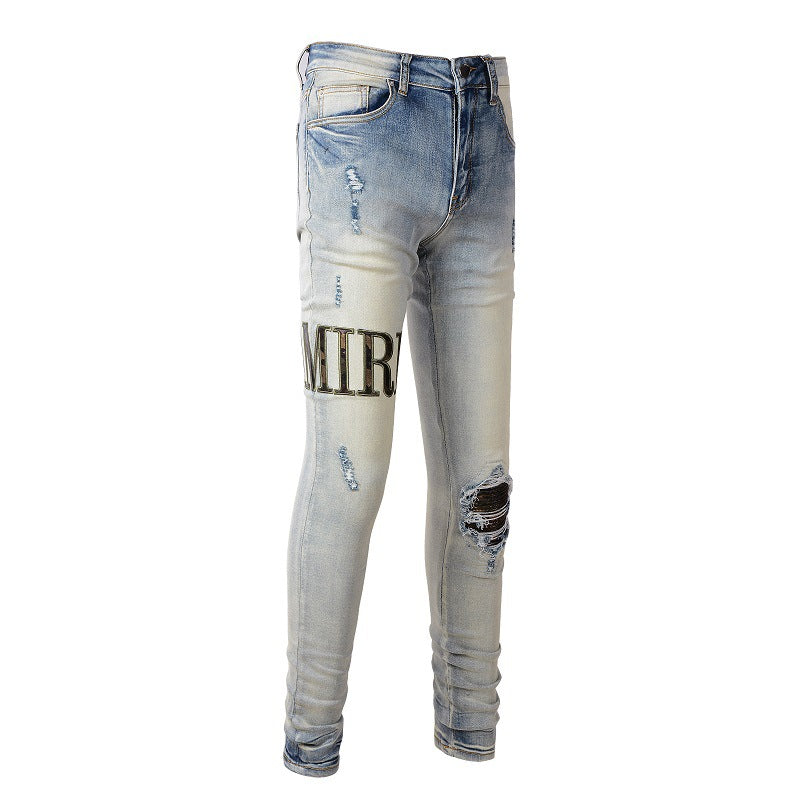 Pantalon slim en denim avec broderie de lettres Street Hole Patch High Street pour homme #878 