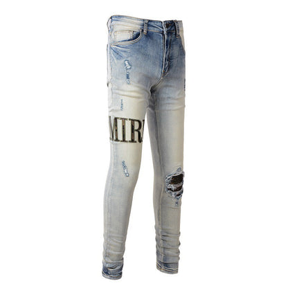 Pantalon slim en denim avec broderie de lettres Street Hole Patch High Street pour homme #878 
