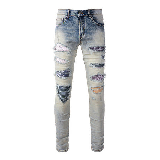High Street Jeans Men's Ripped Patch Beggar Knee Jeans #1333