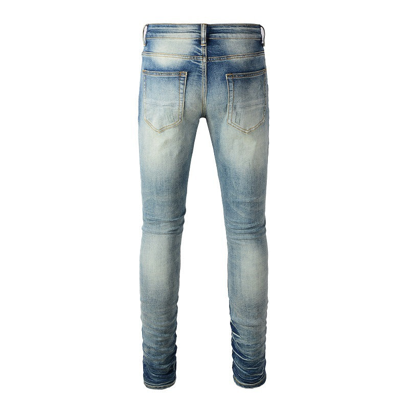 High Street Ripped Color Patch Jeans Retro Men's Stretch Slim Fit Jeans
