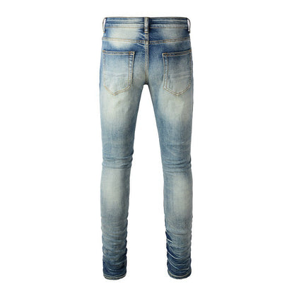 High Street Ripped Color Patch Jeans Retro Men's Stretch Slim Fit Jeans