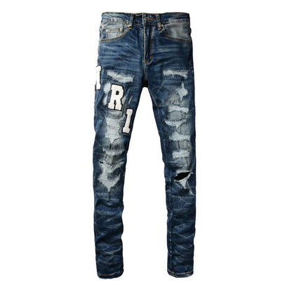 High Street Jeans Embroidered Letter Ripped Patch Elastic Slim fitting Pants #1314