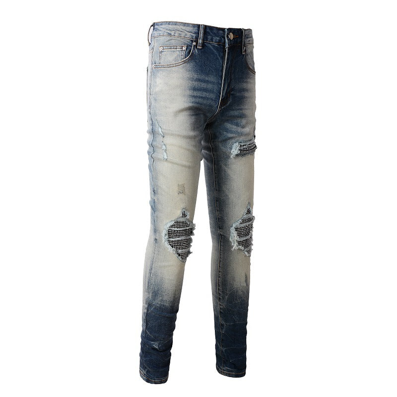 High Street Jeans Men's Ripped Patch Diamond Beggar Jeans #1331