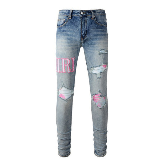 High Street Jeans Men's Ripped Patch Slim and Thin Small Feet Jeans Pants #1316