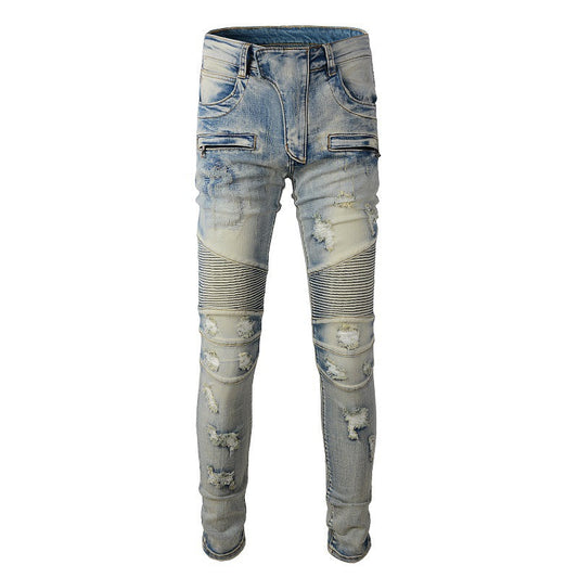 Hand worn Beggar Style Old Slim fitting Elastic Tailoring Locomotive Jeans