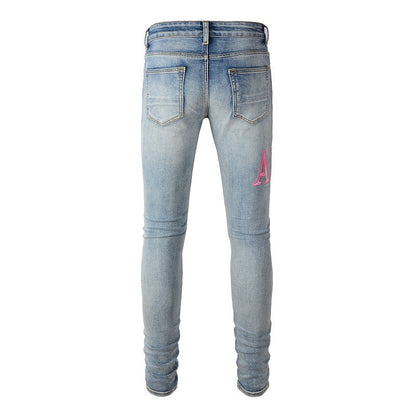 High Street Jeans Men's Ripped Patch Slim and Thin Small Feet Jeans Pants #1316