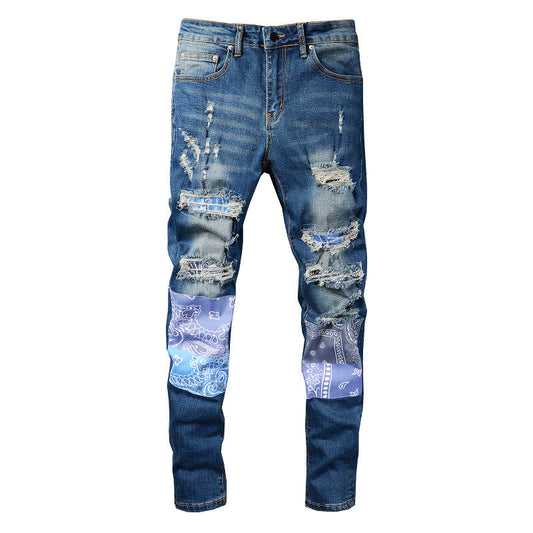 High Street Jeans Men's Ripped Patch Jeans Slim Fit Pants #832