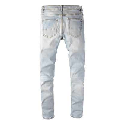 Jeans de calle ajustados elásticos con efecto tie dye y parches rotos de color diamante 637 