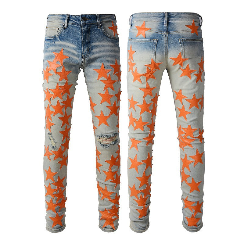 Jeans Pentagram Splicing Jeans High Craft Elastic Slim High Street Jeans 