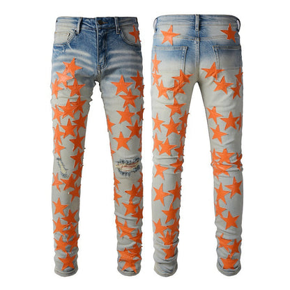 Jeans Pentagram Splicing Jeans High Craft Elastic Slim High Street Jeans 