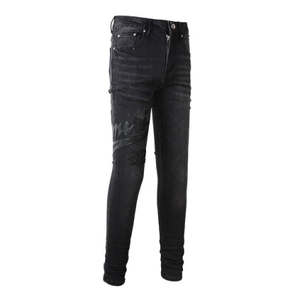 Street Embroidery Splicing Jeans High Street Men Stretch Slim Jeans #1312