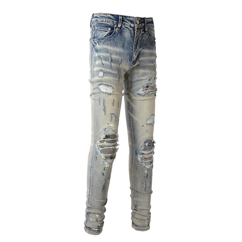 High Street Ink Graffiti Ripped Patch Stretch Slim Jeans #883