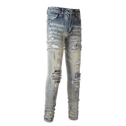 High Street Ink Graffiti Ripped Patch Stretch Slim Jeans #883