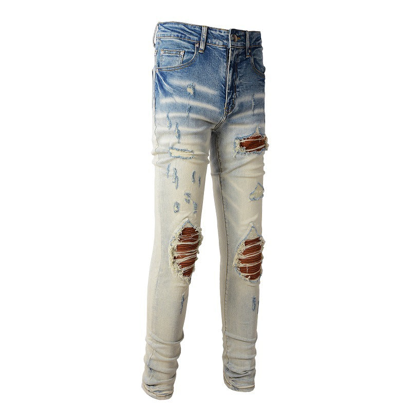 887 Street Ripped Patch Jeans High Street Slim fit Pants Jeans
