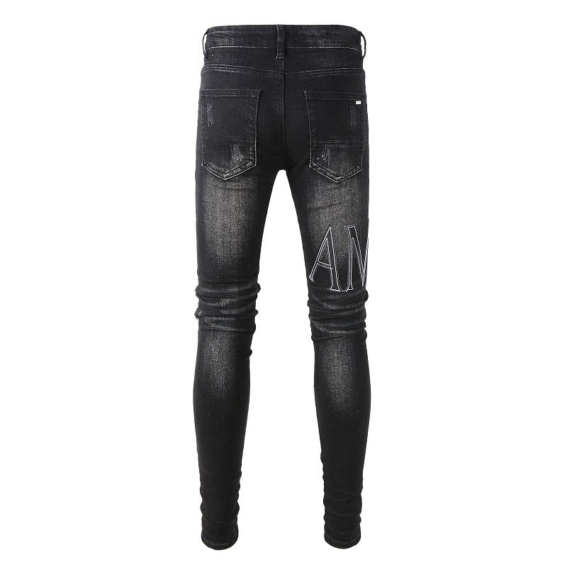 Street Ripped Letter Embroidery High Street Slim fit Pants Jeans 844