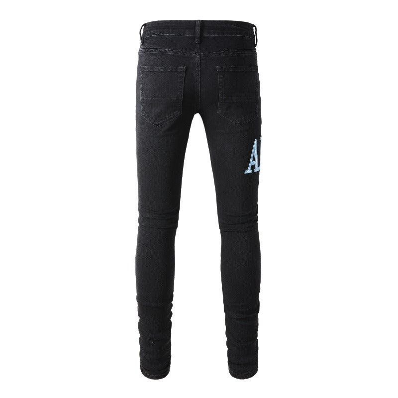 High Street Jeans Men's Ripped Patch Slim and Thin Light Blue Pants #1315
