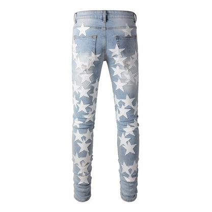 690 High Street Sticky White Star Jeans High Craft Elastic Slim Fit Small Foot Jeans