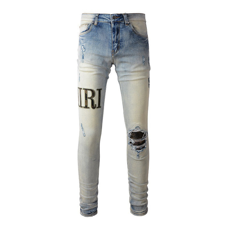 Pantalon slim en denim avec broderie de lettres Street Hole Patch High Street pour homme #878 