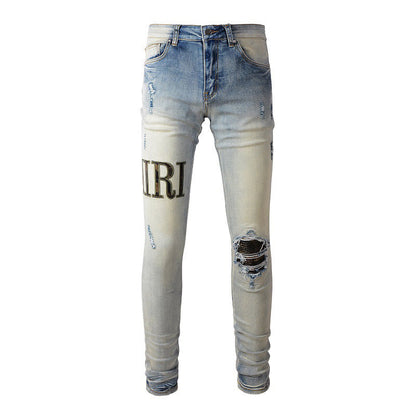 Pantalon slim en denim avec broderie de lettres Street Hole Patch High Street pour homme #878 