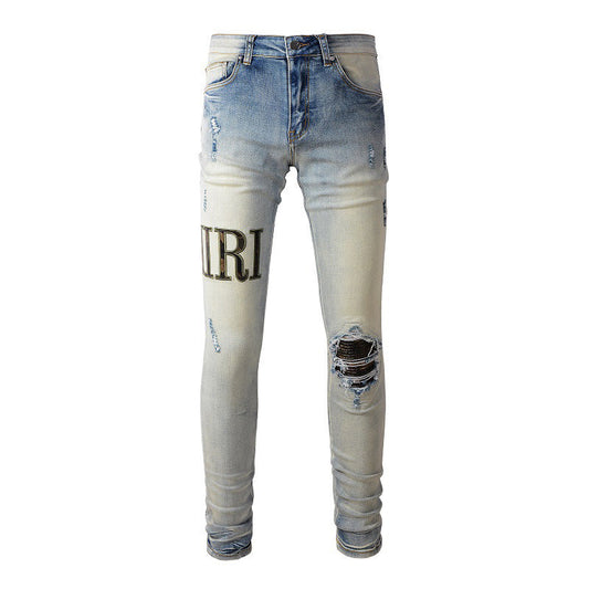 Street Hole Patch Letter Embroidery High Street Men Slim Pants Denim #878