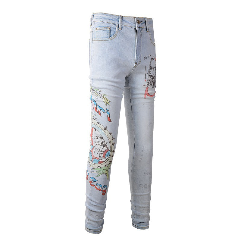 863 Digital Printing Jeans High craftsmanship Elastic Slim fitting Pants