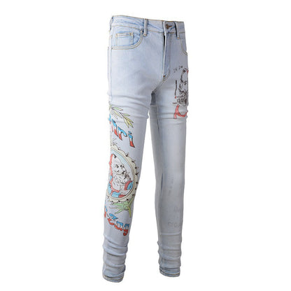 863 Digital Printing Jeans High craftsmanship Elastic Slim fitting Pants