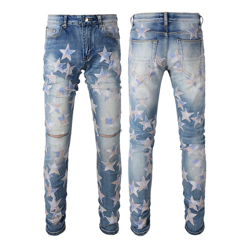 Jeans Pentagram Splicing Jeans High Craft Elastic Slim High Street Jeans 