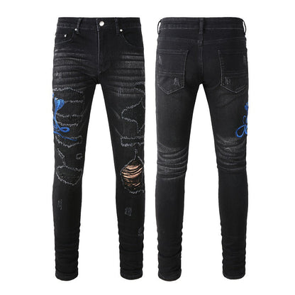 Street Embroidery, A Patch, Small footed Jeans, Men's Personalized Large size Casual Pants #1345