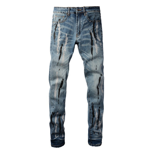 Jeans Graffiti Flow Ink Ripped Jeans Stretch Slim Denim #6907