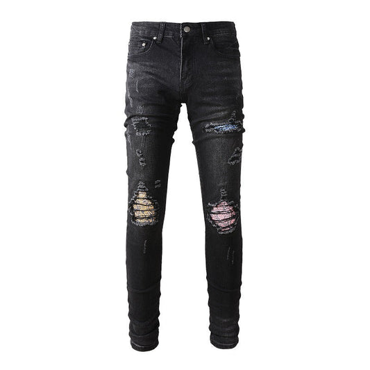Street Ripped Patch Jeans High Street Men's Slim Pants Denim #867