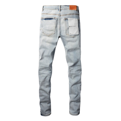 9048 Jean skinny violet pour homme avec détails déchirés Pantalon de motard en denim à la mode avec patchs et design imprimé Jeans violet