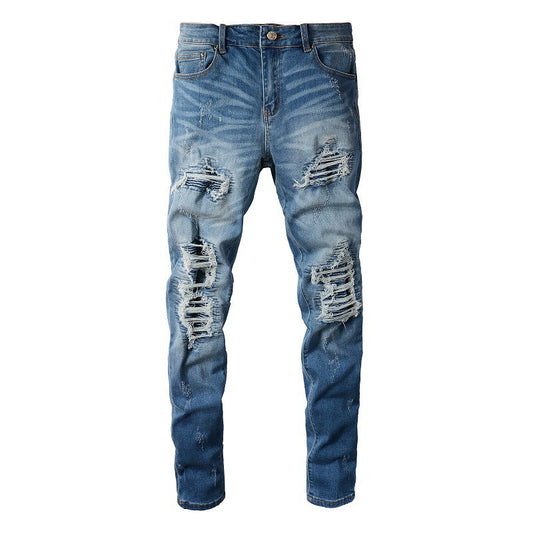 High Street Jeans Men's Ripped Patch Beggar Jeans Korean Version #6513
