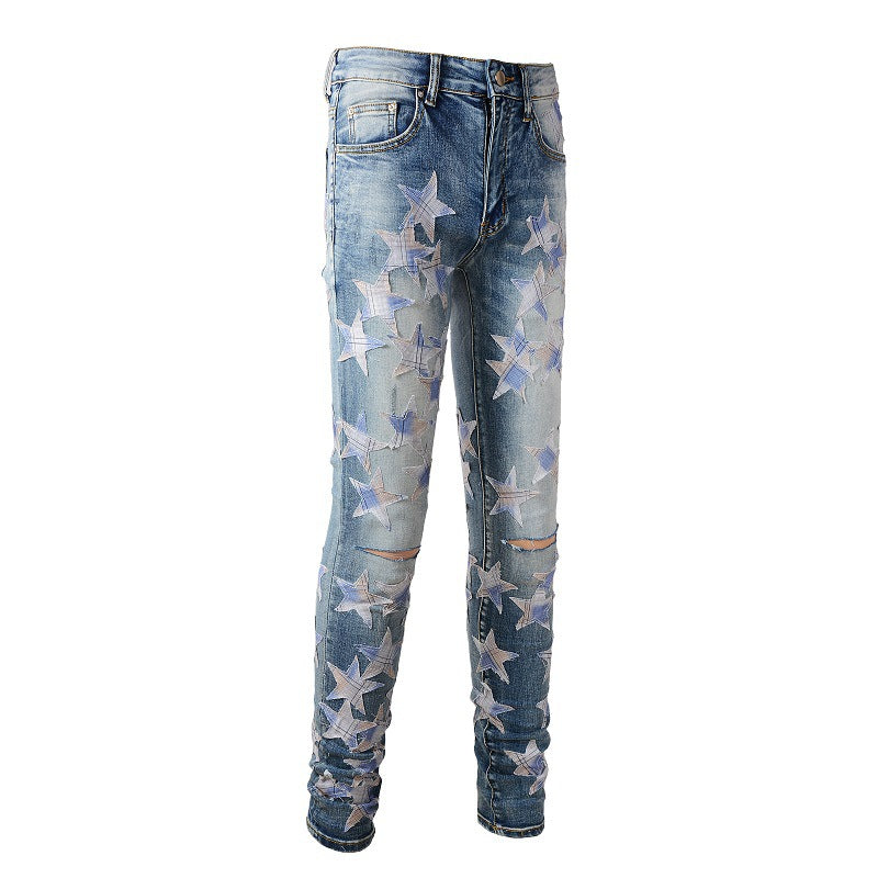 Ripped High Street Sticker Star Jeans High Craftsmanship Elastic Slim Fit #874