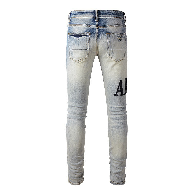 High Street Jeans Pantalon slim et fin pour homme avec patch déchiré 866