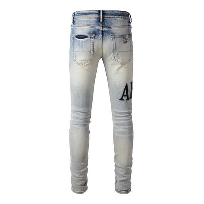 High Street Jeans Pantalon slim et fin pour homme avec patch déchiré 866