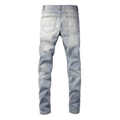 6667 High Street Ripped Hole Patch Jeans Retro Men's Elastic High Street Jeans