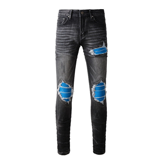 High Street Jeans Men's Ripped Blue Patch Beggar Slim Jeans #1337