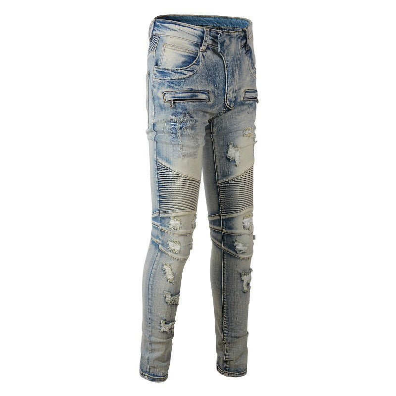 Hand worn Beggar Style Old Slim fitting Elastic Tailoring Locomotive Jeans