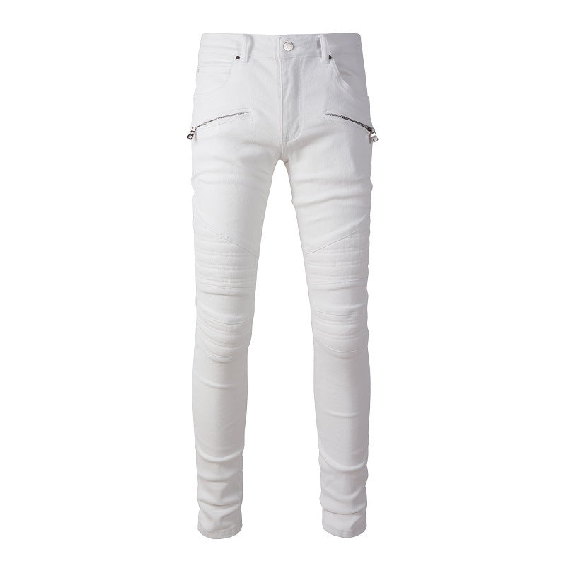 High Street Motorcycle Jeans Men's White Spliced Trousers Men #1100