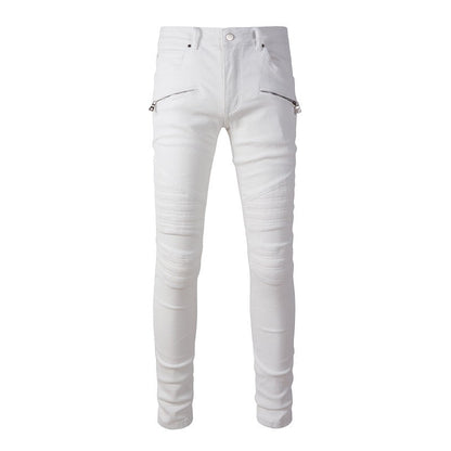 High Street Motorcycle Jeans Men's White Spliced Trousers Men #1100