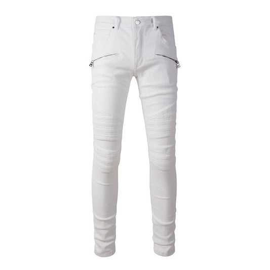 High Street Motorcycle Jeans Men's White Spliced Trousers Men #1100